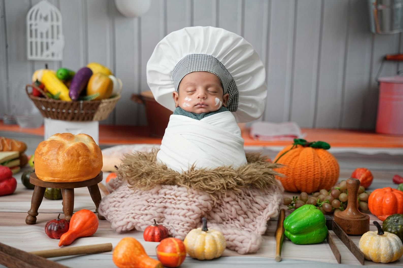 A sleeping baby dressed as a chef surrounded by bread and vegetables