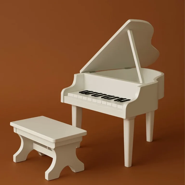 A small white piano with a bench.
