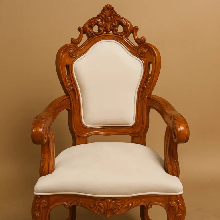 A wooden chair with a soft white seat and back.