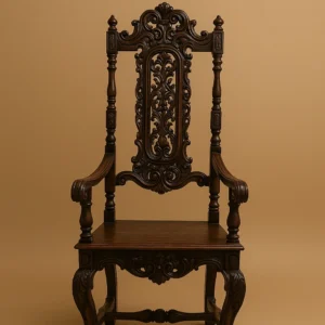 Ornate dark wooden chair with a tall carved back