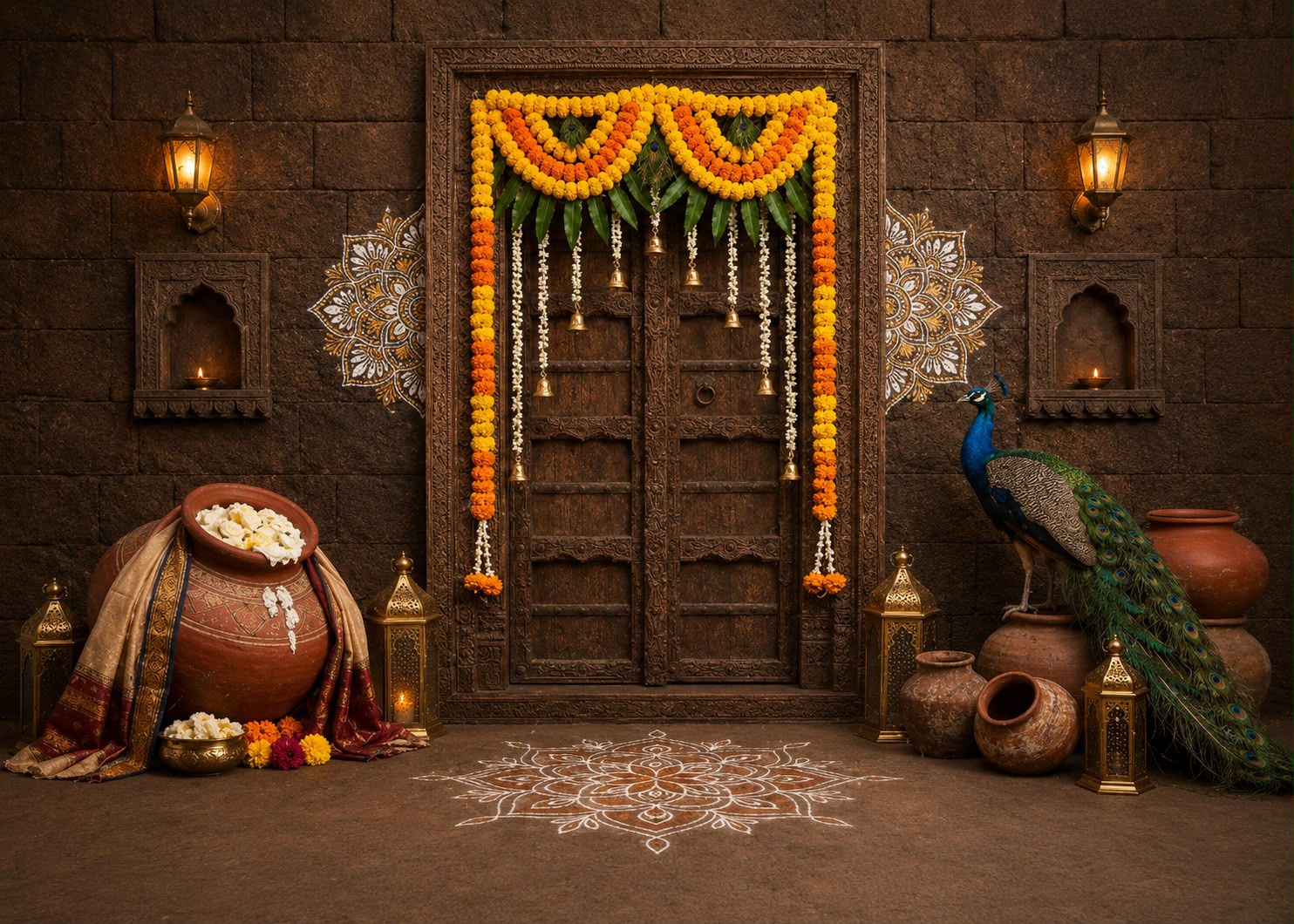 Krishna Janmashtami baby photography backdrop designed for beautiful baby photoshoots, featuring a festive Krishna-inspired setting with a matching floordrop for a complete studio setup.