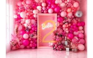 Pink girl theme photography backdrop with balloons and flowers for baby photoshoot