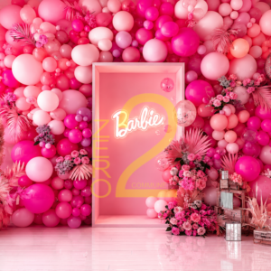 Pink girl theme photography backdrop with balloons and flowers for baby photoshoot