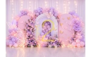 Baby girl butterfly floral photography backdrop with pink and lavender balloons and flowers