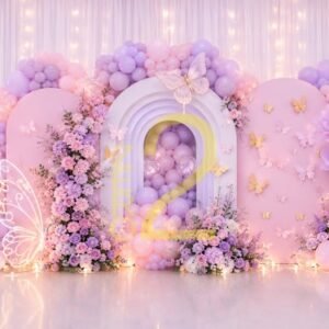 Baby girl butterfly floral photography backdrop with pink and lavender balloons and flowers