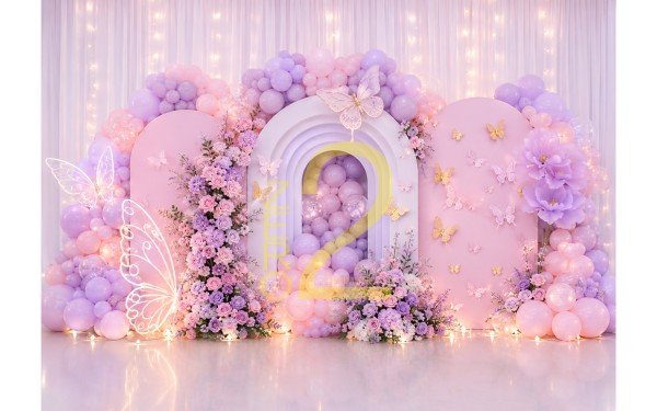 Baby girl butterfly floral photography backdrop with pink and lavender balloons and flowers