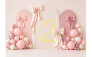 Pink bow and balloon girl theme photography backdrop for baby photoshoot
