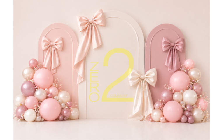 Pink bow and balloon girl theme photography backdrop for baby photoshoot
