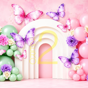 Baby girl butterfly floral photography backdrop with pastel balloons, flowers and white arch