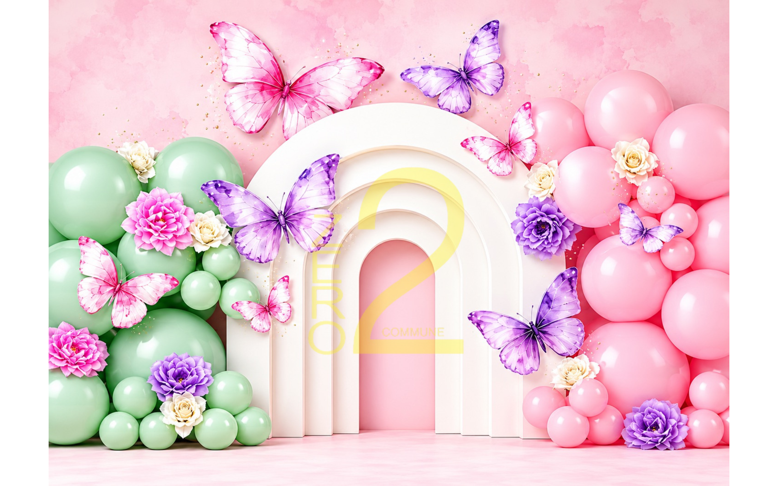 Baby girl butterfly floral photography backdrop with pastel balloons, flowers and white arch