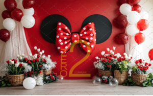 Red bow girl theme photography backdrop with flowers and balloons for baby photoshoot