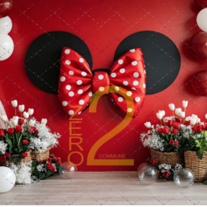Red bow girl theme photography backdrop with flowers and balloons for baby photoshoot