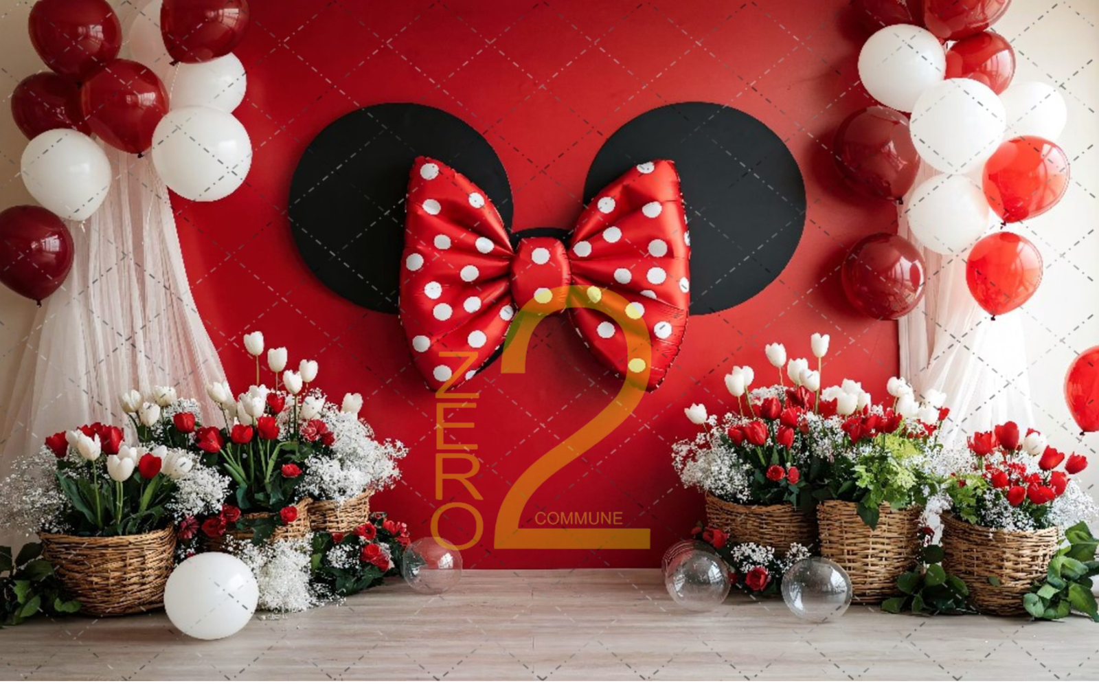 Playful red bow and floral girl theme backdrop for baby girl, birthday and milestone photography.