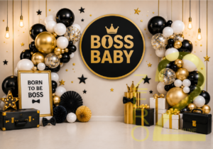 Boss Baby black gold and white baby photography backdrop with balloons and birthday backdrops