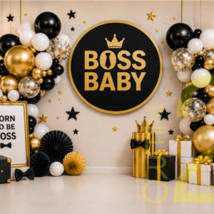 Boss Baby black gold and white baby photography backdrop with balloons and birthday backdrops