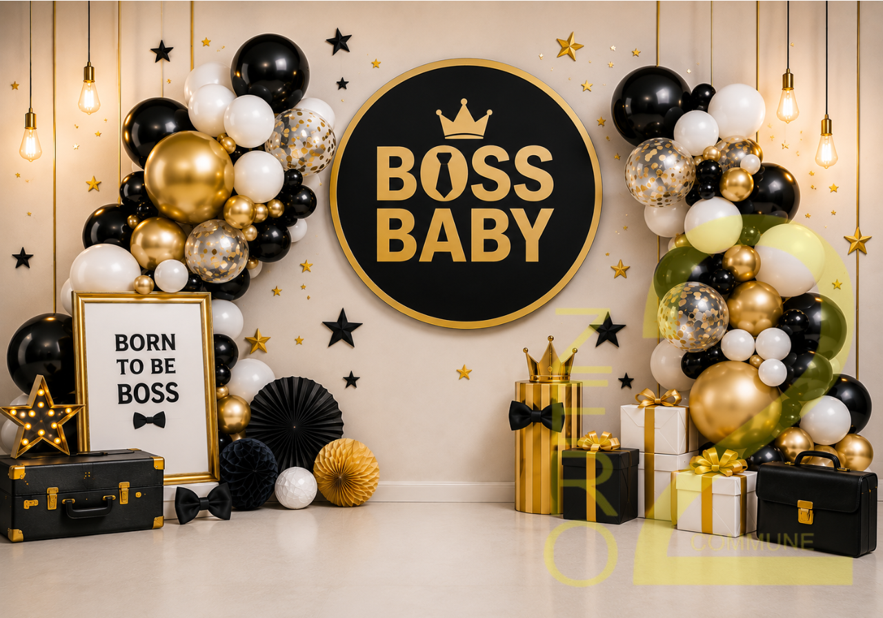 Elegant Boss Baby photography backdrop featuring black, gold and white balloon décor for stylish baby photoshoots.