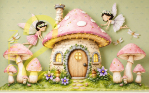 Fairy mushroom girl theme photography backdrop with pink mushroom house and flowers