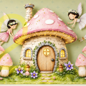 Fairy mushroom girl theme photography backdrop with pink mushroom house and flowers