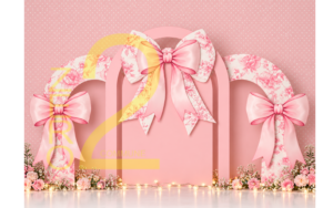 Pink bow and floral girl theme photography backdrop for baby photoshoot