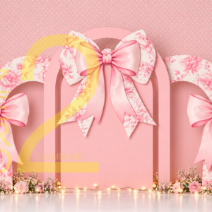 Pink bow and floral girl theme photography backdrop for baby photoshoot