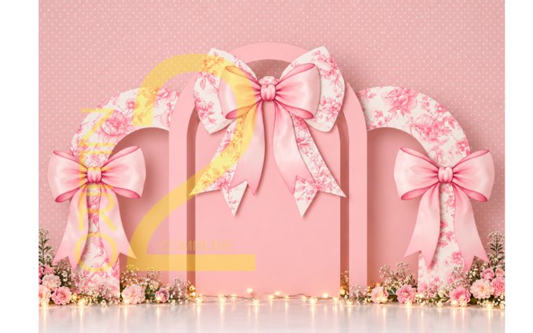 Pink bow and floral girl theme photography backdrop for baby photoshoot