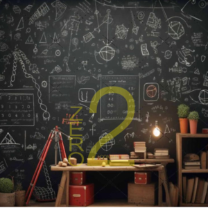Study theme photography backdrop with chalkboard, bookshelves, study table and educational drawings