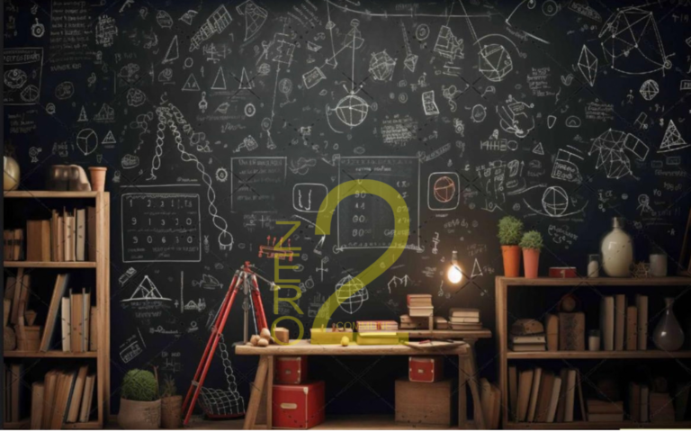 Study theme photography backdrop with chalkboard, bookshelves, study table and educational drawings