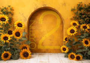 Golden sunflower photography backdrop with floral arrangements and rustic arch for baby photoshoot