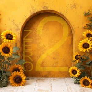 Golden sunflower photography backdrop with floral arrangements and rustic arch for baby photoshoot