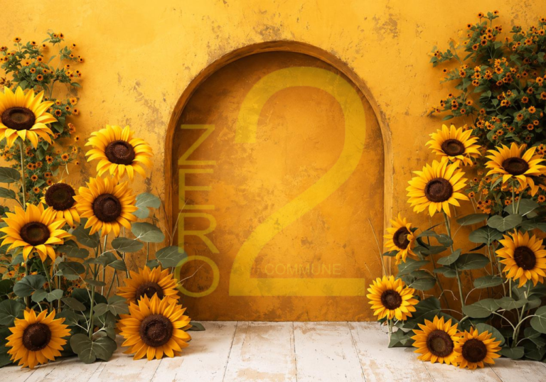 Golden sunflower photography backdrop with floral arrangements and rustic arch for baby photoshoot