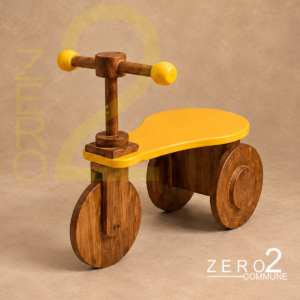 Rustic wooden baby tricycle photography prop with yellow seat for baby photoshoot