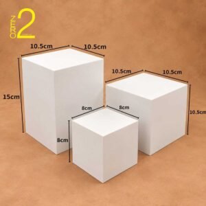 Three white maternity photography cube boxes in different sizes with dimensions shown, set of three from Zero 2 Commune.
