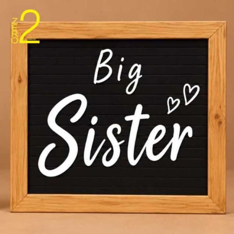 Big Sister maternity photography prop with black letter board, white lettering, heart details, and wood-look frame.