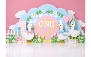 Baby girl first birthday photography backdrop with white ducks, pink and blue gingham arch, flowers, clouds, and decorative number one.