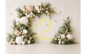 Sage green and white floral baby girl birthday backdrop with pastel balloons, botanical greenery, blush flowers, butterflies, and white wall panelling.