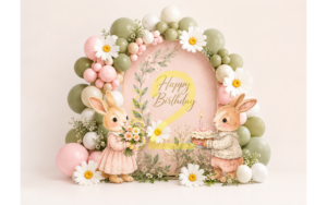 Pink baby girl birthday photography backdrop with two illustrated bunnies, pastel balloons, white daisies, floral greenery, and a golden number 1.