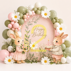 Pink baby girl birthday photography backdrop with two illustrated bunnies, pastel balloons, white daisies, floral greenery, and a golden number 1.