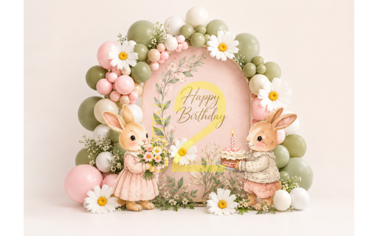Pink baby girl birthday photography backdrop with two illustrated bunnies, pastel balloons, white daisies, floral greenery, and a golden number 1.