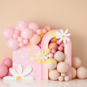 Pink girl theme photography backdrop with balloons, pastel arch and daisy flowers