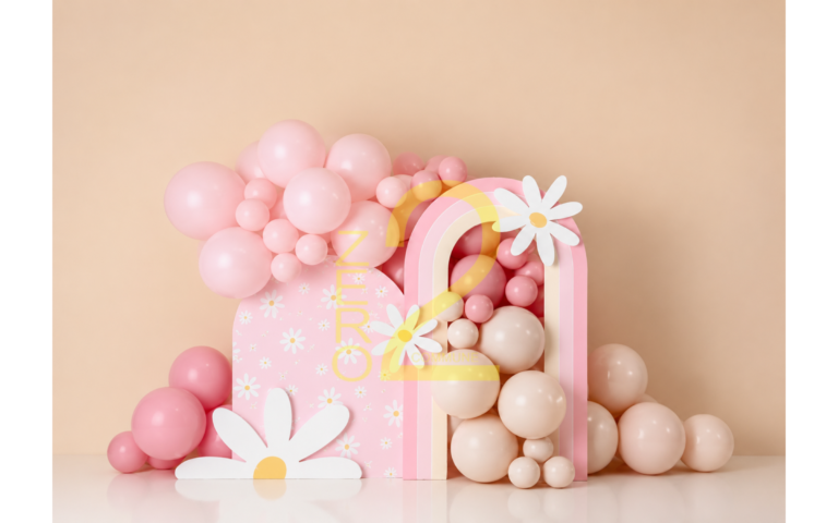 Pink girl theme photography backdrop with balloons, pastel arch and daisy flowers