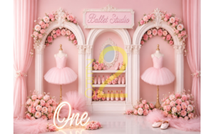 Pink baby girl dress theme backdrop with flowers and elegant arches
