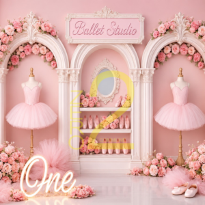 Pink baby girl dress theme backdrop with flowers and elegant arches