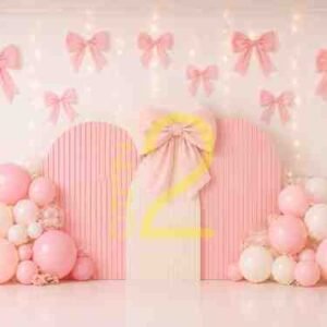 Baby girl pink bow theme photography backdrop with pastel balloons and decorative bows