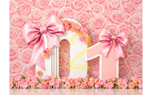 Pink rose floral first birthday photography backdrop with large number 01, satin pink bows and flower decorations