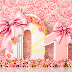 Pink rose floral first birthday photography backdrop with large number 01, satin pink bows and flower decorations