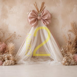 Elegant baby girl photography backdrop with blush-pink bow, white canopy drapes, and floral arrangements