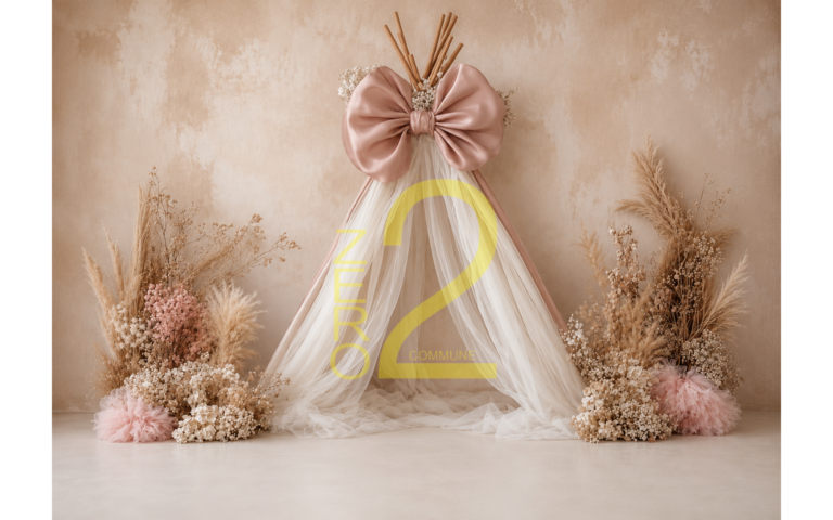 Elegant baby girl photography backdrop with blush-pink bow, white canopy drapes, and floral arrangements