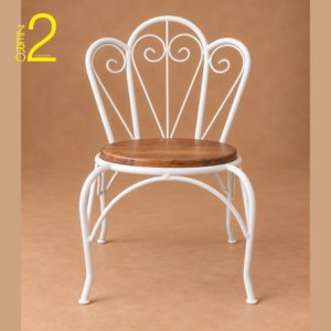 White metal photography chair with decorative scrollwork backrest, curved legs, and a round brown wooden seat.