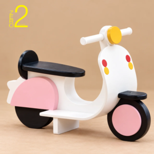 Duo Ride Scooter baby photography prop with white body, black seat and wheels, and pink panels for a baby girl photoshoot theme.