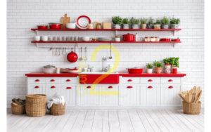 Realistic kitchen theme photography backdrop with white cabinets, red shelves, cookware and plants